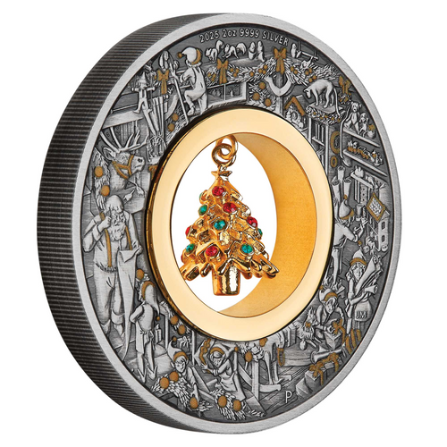 2025 2OZ SILVER ANTIQUED COLOURED COIN | SANTA'S WORKSHOP