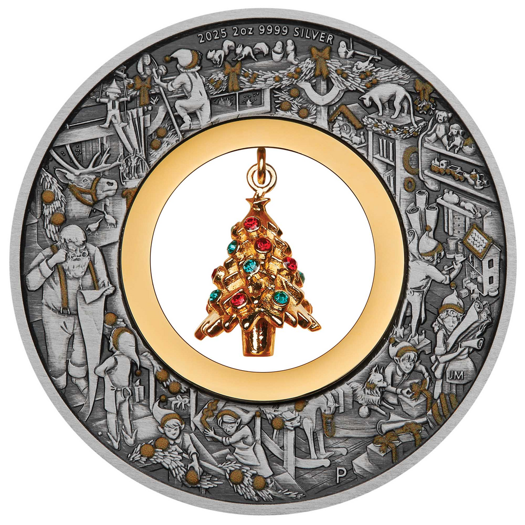 2025 2OZ SILVER ANTIQUED COLOURED COIN | SANTA'S WORKSHOP