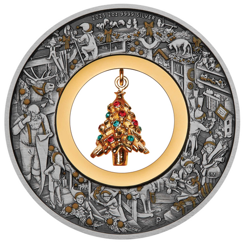 2025 2OZ SILVER ANTIQUED COLOURED COIN | SANTA'S WORKSHOP