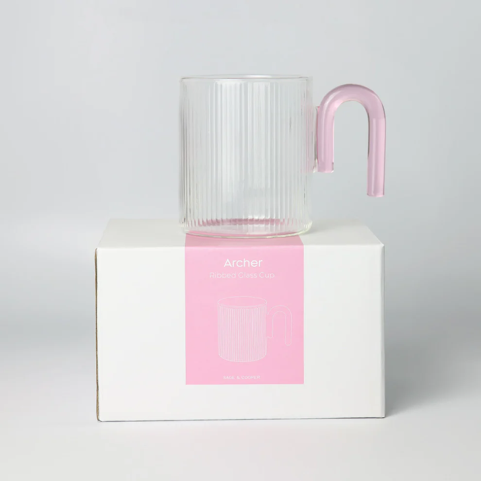 SAGE & COOPER ARCHER RIBBED GLASS CUP - CLEAR/TAFFY PINK 