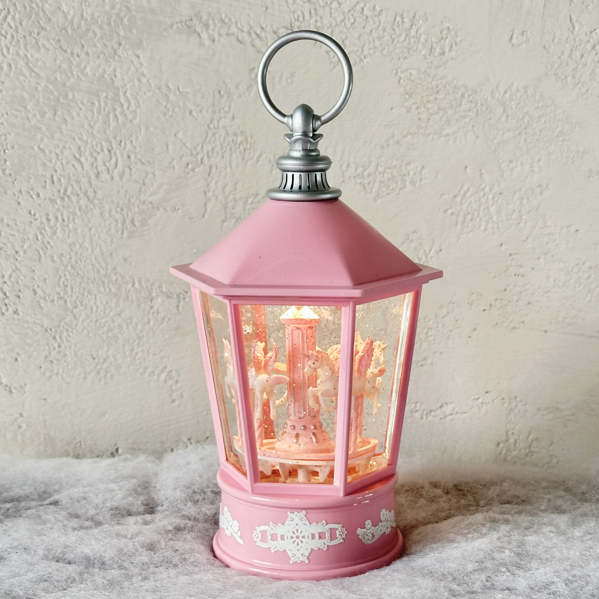 SNOWING PINK HEXAGONAL LANTERN WITH CAROUSEL